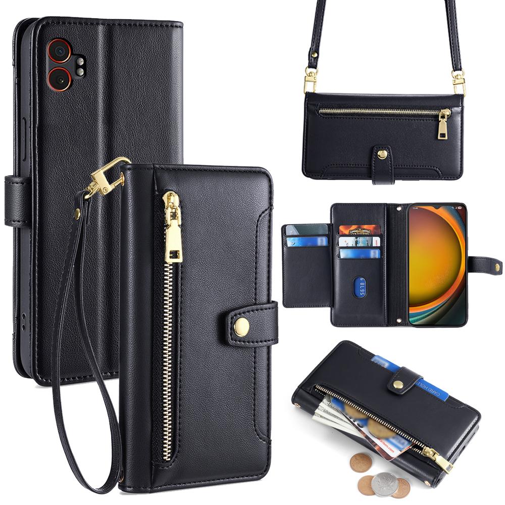 For Samsung Galaxy XCover7 Pro Leather Case Zipper Pocket Wallet Phone Cover with 2 Straps