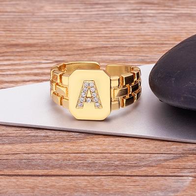 New Arrival Fashion Gold Color Initial Ring Open Design Adjustable Hot Sale Watchband Chain A-Z Letters Zircon Rings For Women