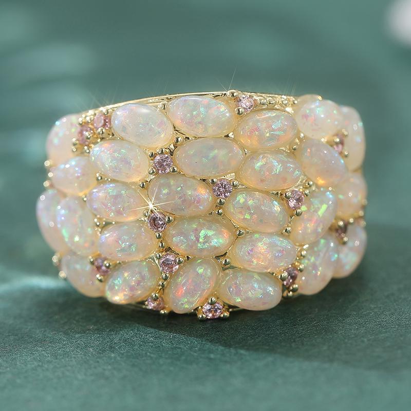 Aesthetic Inlaid Imitation Opal Stone CZ Women's Ring Trendy Gold Color Geometry Daily Wear Party Jewelry Anniversary Gift