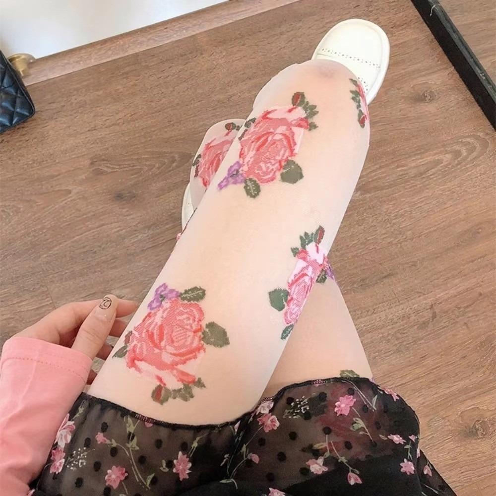 

French Retro Semi Sheer Rose Print Stockings Thin Mesh High Waist Floral Mesh Tights Pantyhose Spring Summer One Size