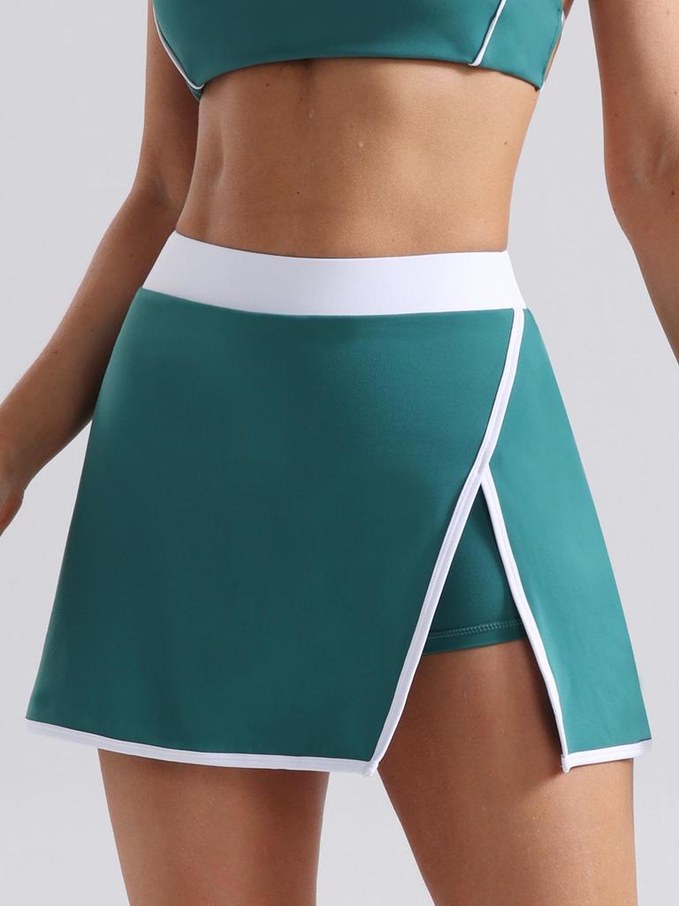 Women's Quick-Dry Color Block Two-Piece Yoga Tennis Skirt with Built-in Bodycon Shorts