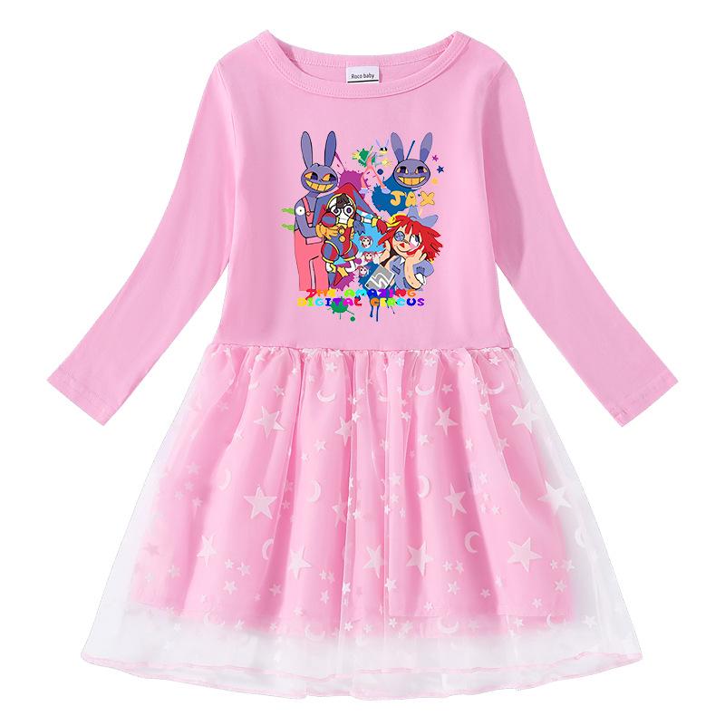 Korean Style Kids' Spring-Autumn Dress: Long Sleeve, Rainbow Star Sequins, Mesh Pleated Princess Design