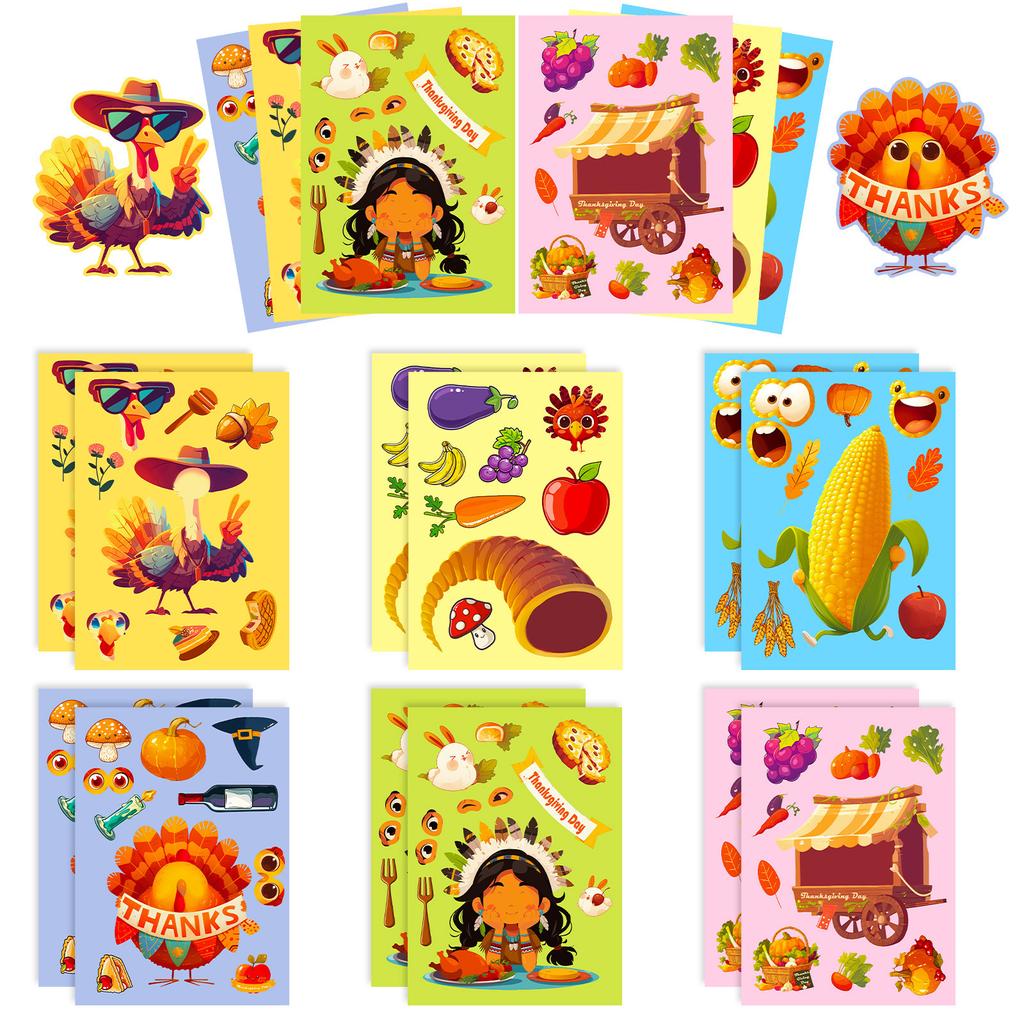 6 Thanksgiving Fall Harvest Season Puzzle Stickers Holiday Celebration Diy Face Changer Stickers Children'S Handbook