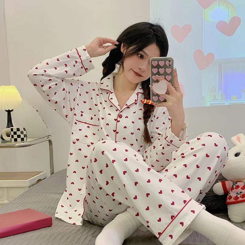 Spring and Autumn New Ladies Love Sweet Wind Pajamas Homewear Set Girls Senior Sense of Long-Sleeved Pajamas Student Pajamas Set
