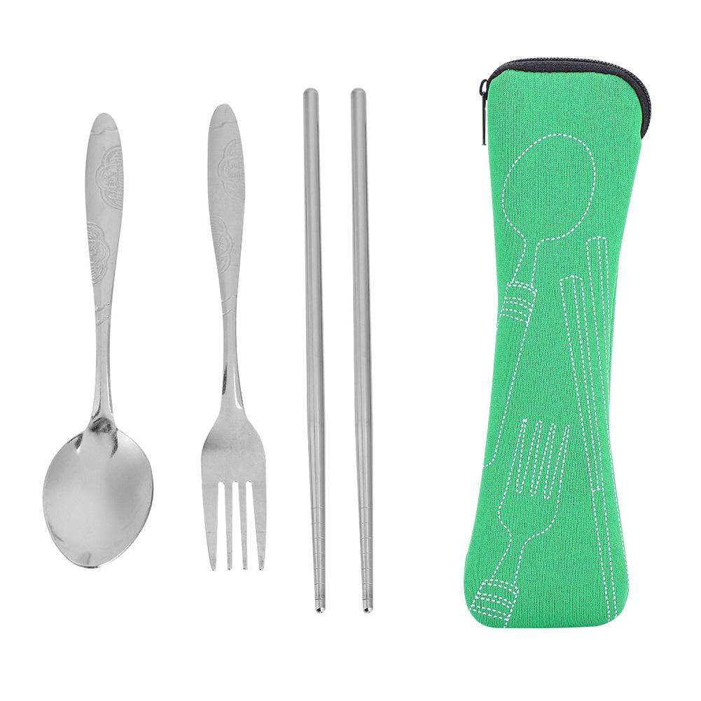 

Портативные столовые приборы из нержавеющей стали: ложка, вилка, палочки для еды с сумкой для хранения, набор походной посуды(зеленый)