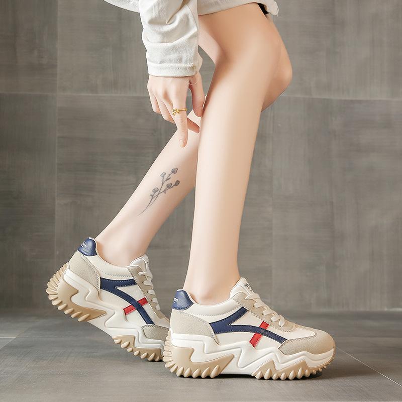 JC8826 New Color Matching Board Shoes Thick Sole Heightening Leather Sports Shoes Fashion Student Women's Shoes Korean Version Tide