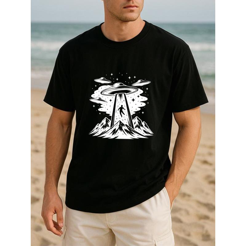 

European sizes Creative Printed T-Shirt Featuring a Mysterious UFO Design, Perfect for Everyday And Home Use with a Round Neck Style S