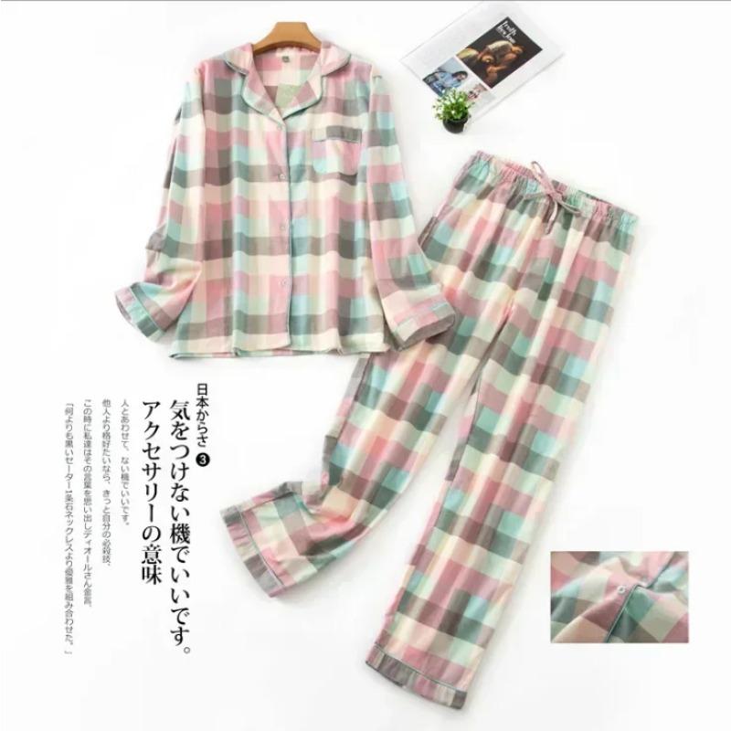 Damen Pyjama Übergröße Kleidung Damen Flanell Baumwolle Homewear Set Herbst und Winter Pyjama Karomuster Schlaf-Oberteile