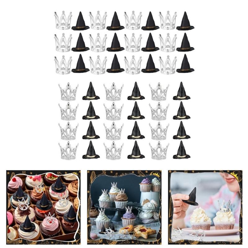 Pack of 24 Plastic Witch Hat and Crowns Cake Toppers for Birthday Party Halloween Decorations Cupcakes Accessories