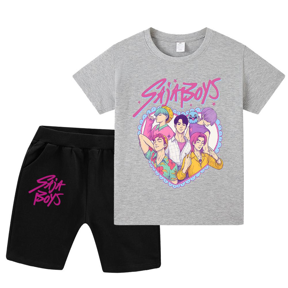 

WA1212 Kids Boys Girls Kpop Rumi Zoey Mira Sajaboys Print Short Sleeves T-shirt Shorts Pants Sets 110cm сірий