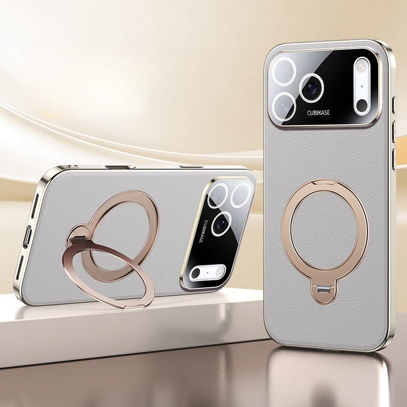 Electroplated Leather Magnetic Case for iPhone 17 Pro Max Magsafe Holder Stand Shockproof Matte Back Cover for iPhone 17Pro