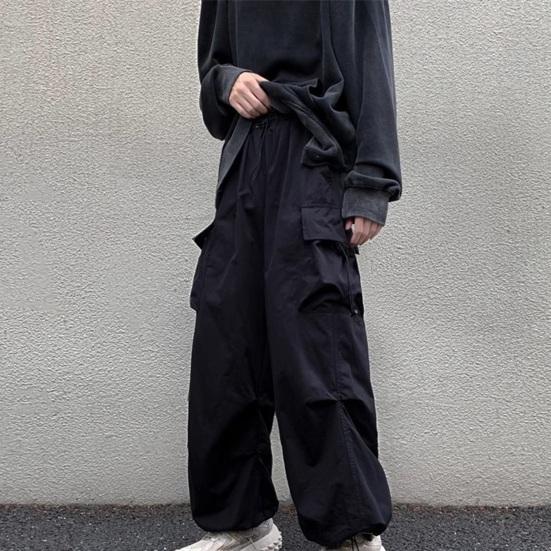 Men Baggy Cargo Pants Solid Color Parachute Pants Loose Fit Jogger Trousers with Side Pockets for Street Outdoor Sports