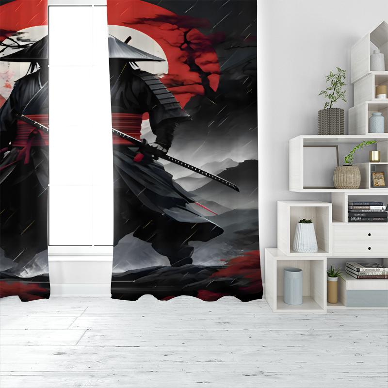 2 curtains in Samurai print - Polyester - suitable for bedroom, living room, study, private space + magnetic binding