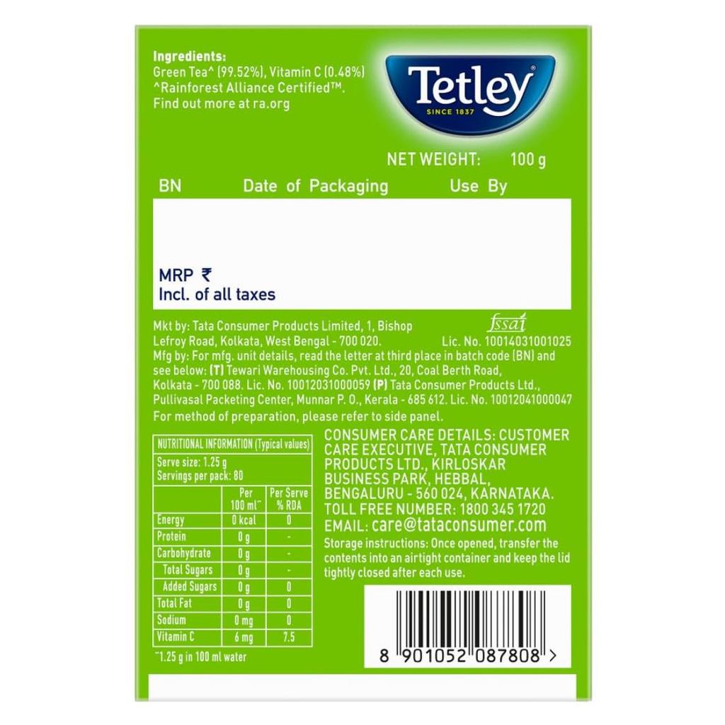 Tetley Loose Green Tea Leaves Classic Flavour 100g Pack With Vitamin C Boost, 80 Cups, Smooth Long Leaf, High Antioxidant Refreshing Tea
