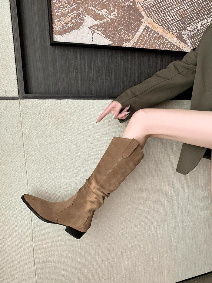 Sheepskin Version~ Retro Pointed Western Cowboy Boots V-mouth Stacking Boots Thick Heel Tall Pleated Boots Female Knight Boots