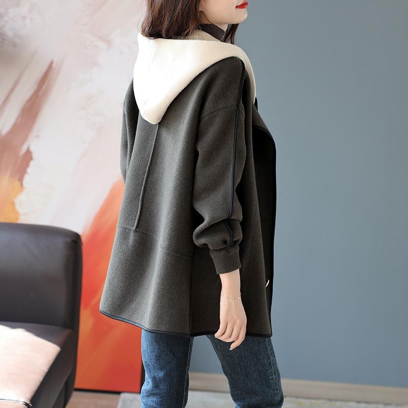 Pletená bunda s kapucí, falešná dvoudílná, dvouřadá, na podzim, korejský nový styl, volný temperament, vlněný kabát pro ženy