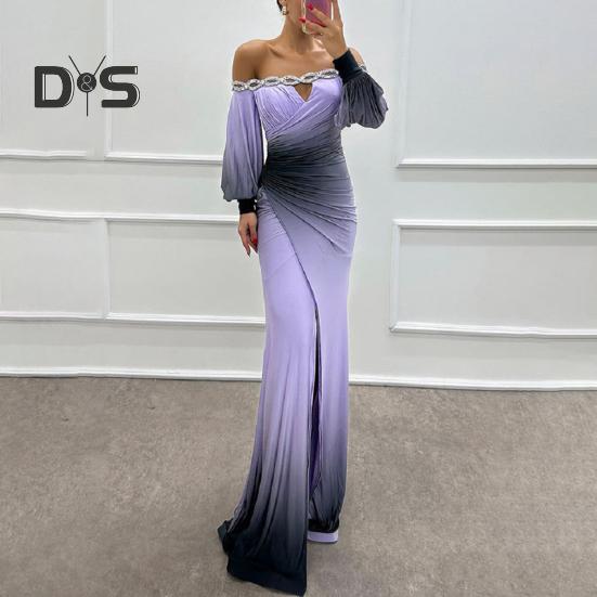 Abendkleid für Damen, schulterfrei, ausgehöhlt, Strass, Hochzeitskleid, schmales, plissiertes Maxikleid für den Abschlussball, lange Laternenärmel, geschlitzter Saum, Kontrastfarbe, Ballkleid