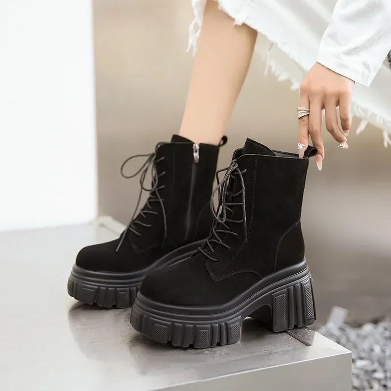 Móda 9CM Podzim Jaro Dámské Kožené Motorkářské Boty Nové Vysoká Platforma Masivní Kotníkové Boty Dámské Klínky Semišové Punk Boty Žena