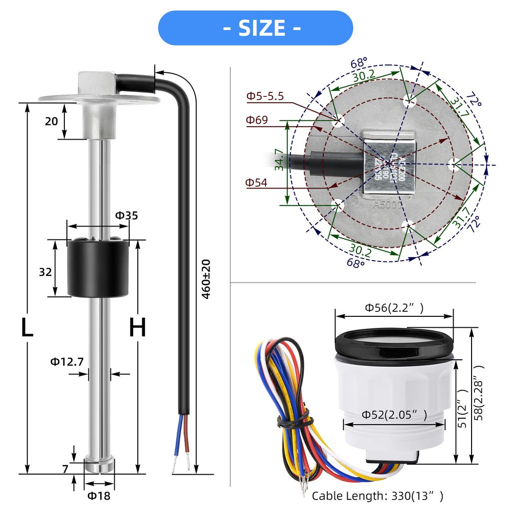 100~525mm 0-190ohm Stainless Steel Water Level Gauge Sensor For Car Boat Water Level Gauge Meter with 7 Colors Backlight 9-32V