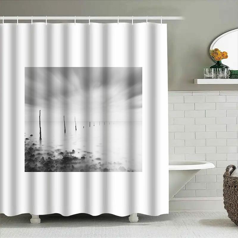 Cortina de Ducha Cascada Blanco Negro Abstracta Moderna Paisaje Bosque Naturaleza Decoración de Baño Tejido Lavable Textil para el Hogar