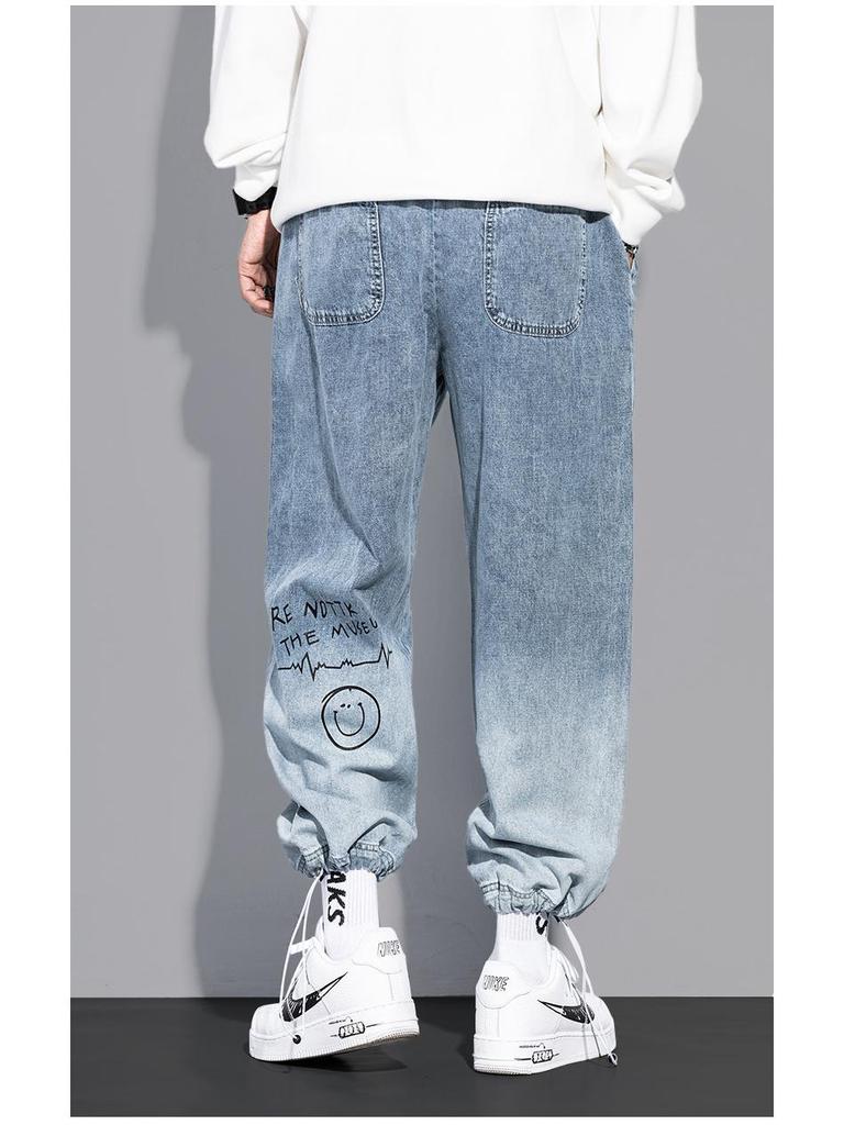 YOA Men's Autumn Graffiti Print Loose Jeans with Cartoon Design and Drawstring