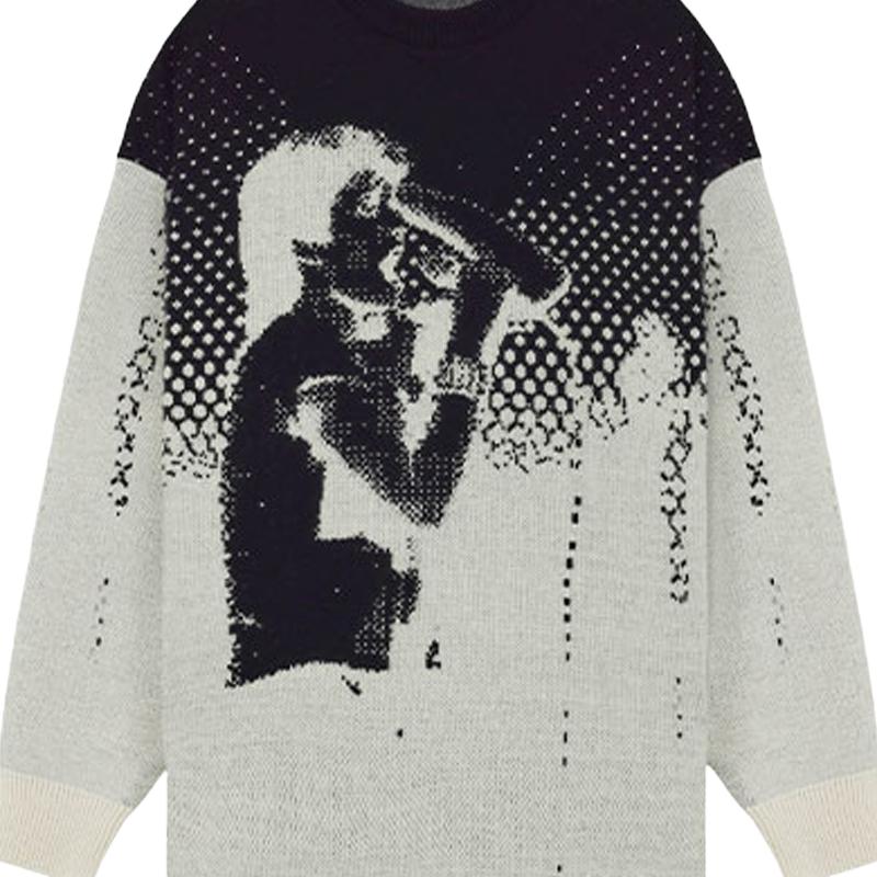 WE11DONE Pulover din lână și cașmir cu gât rotund, tricotat pe ambele fețe, cu model jacard cu personaje, SS22, unisex, negru WD-KT1-22-613-U-BK