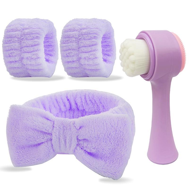

4Pcs 3D Sides Silicone Double Sided Facial Cleanser Brush Spa Headband Wristband Pore Cleaner Exfoliator Face Scrub Brush Set фиолетовый