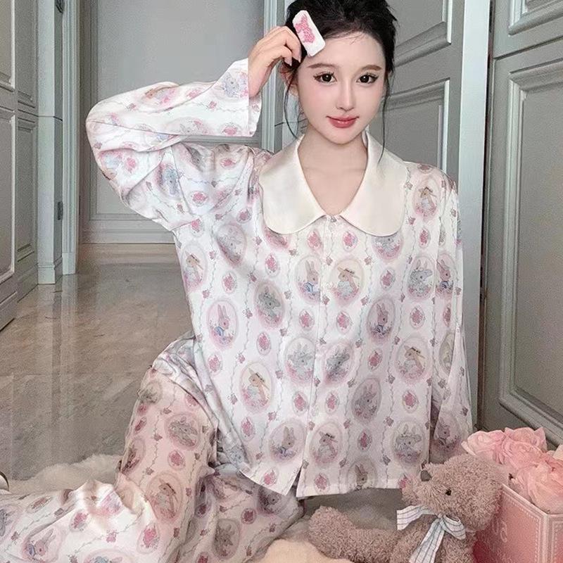 Pajamas Women's Ice Silk Pastoral Rabbit Ice Silk Long Sleeves Trousers Printed Silk Doll Collar Sweet Loungewear Can Be Worn Outside