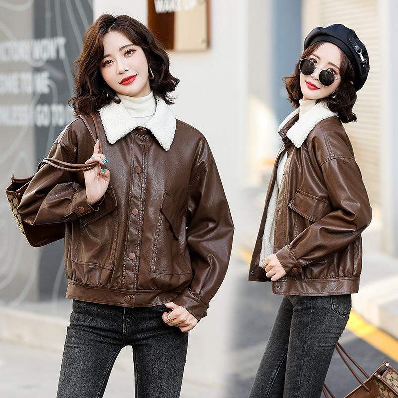 Genuine Leather Jacket Women's Short Autumn and Winter New Korean Style Velvet Sheepskin Cotton Jacket Casual Jacket