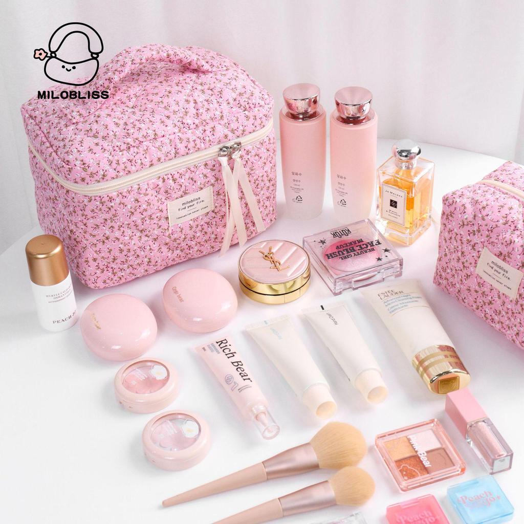 High-Capacity Quilted Floral Cosmetic Handbag