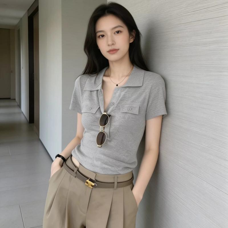 Women linen blend polo shirt collared half placket short sleeve fitted casual knit top S