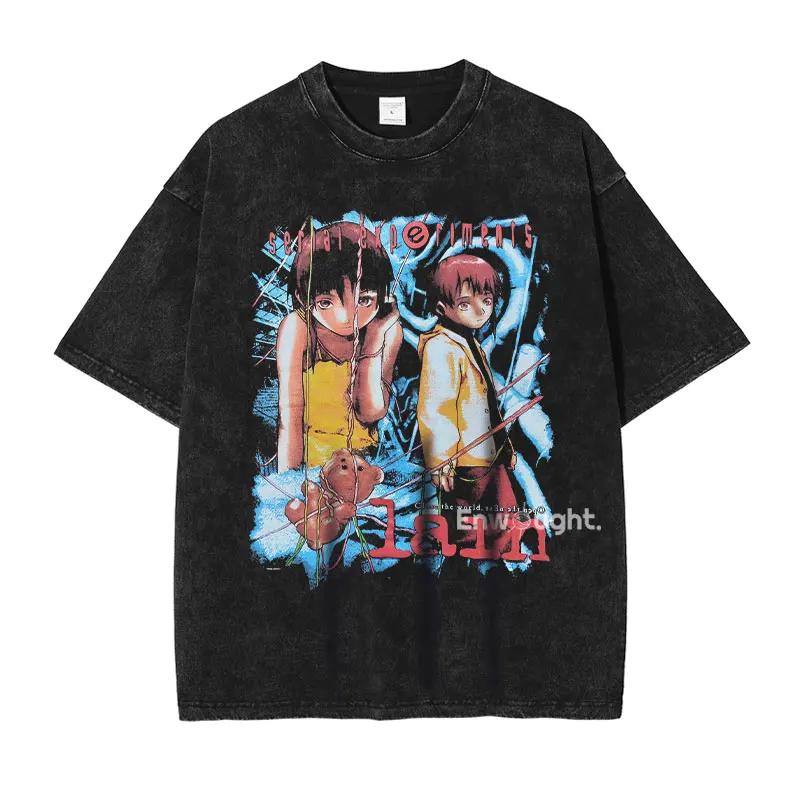 New Arrival Mens Clothes Tee Shirt Homme T-Shirts Men Tshirt for Men Anime Iwakura Lain Vintage Washed Manga Pattern 62936