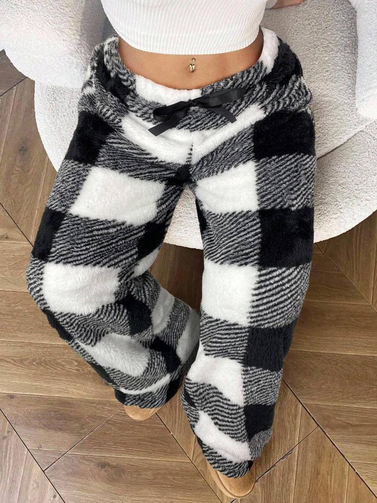 Winter New Women's Plaid Casual Pants with Elastic Waist and Fleece