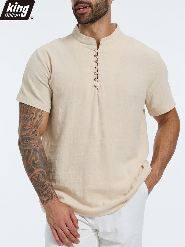 Yaz Yeni Erkek Pamuk Keten Tişört Kısa Kollu Nefes Alabilir Hafif Düz Renk Erkek Moda Henley Yaka Düğmeli Üst