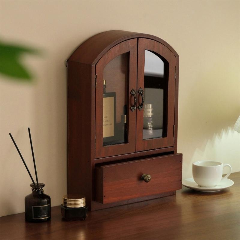 Sturdy Wooden Desktop Organizers Cabinet Clear Glass Front Panel Multipurpose Storage For Home Office Decors