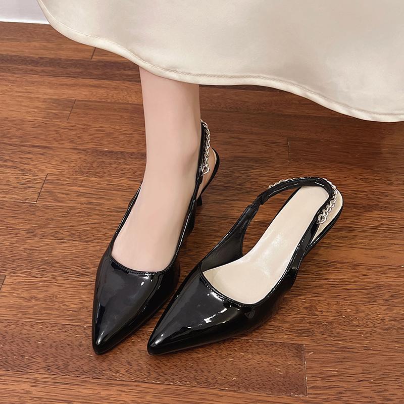 Fashion Patent Leather Wrapped Stiletto Sandals Summer New Pointed Toe Shallow Mouth Metal Chain Slip Strap High Heels