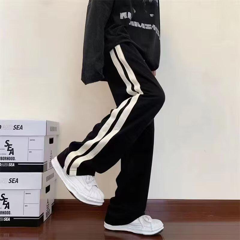 Men's Autumn Striped Patchwork Casual Pants - Hong Kong Style Trendy Loose Straight-Leg Wide-Leg Long Pants for Teenagers