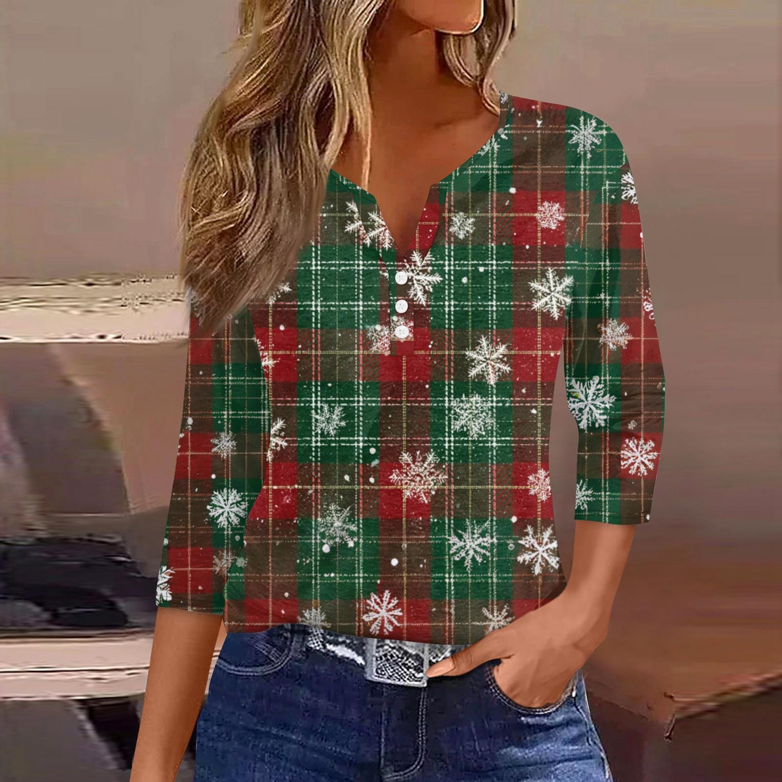 

Women s Fashionable Casual Christmas Printed V-neck Three-quarter Sleeve Decorated Button Top XXL
