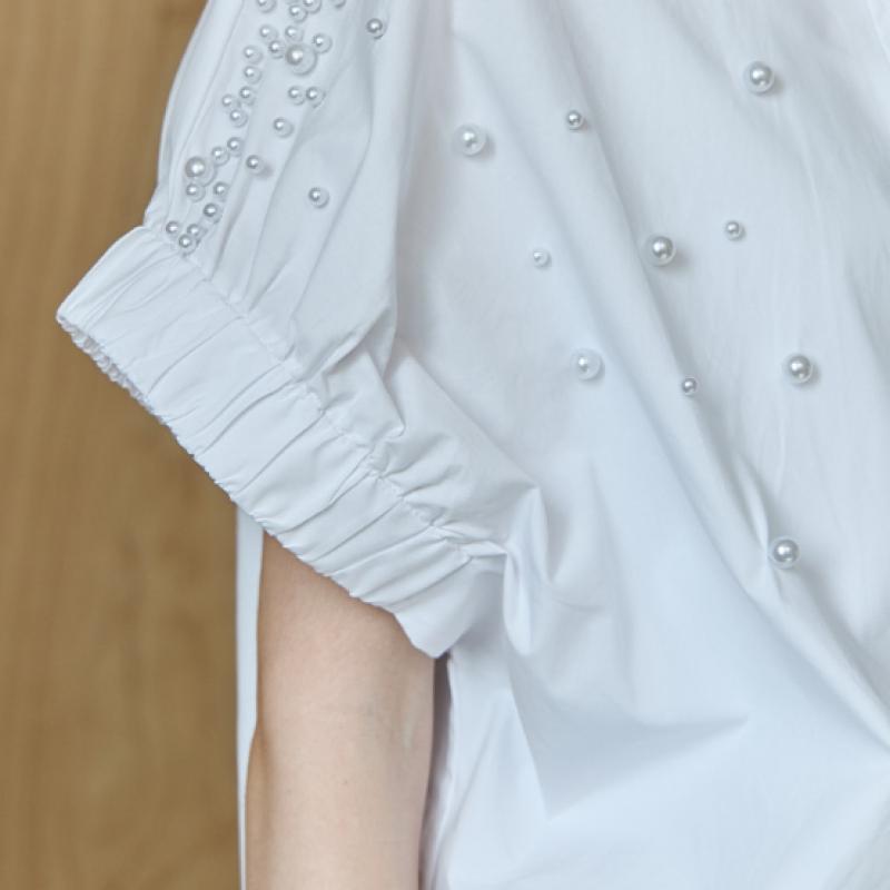 MAXZA Pearl Detail Shirred Cap Sleeve Shirt Blouse Ze06qb002nh