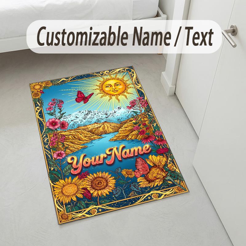 Floral Garden Theme Crystal Velvet Rug Personalized Custom Name Text Soft Floor Mat Home Decor