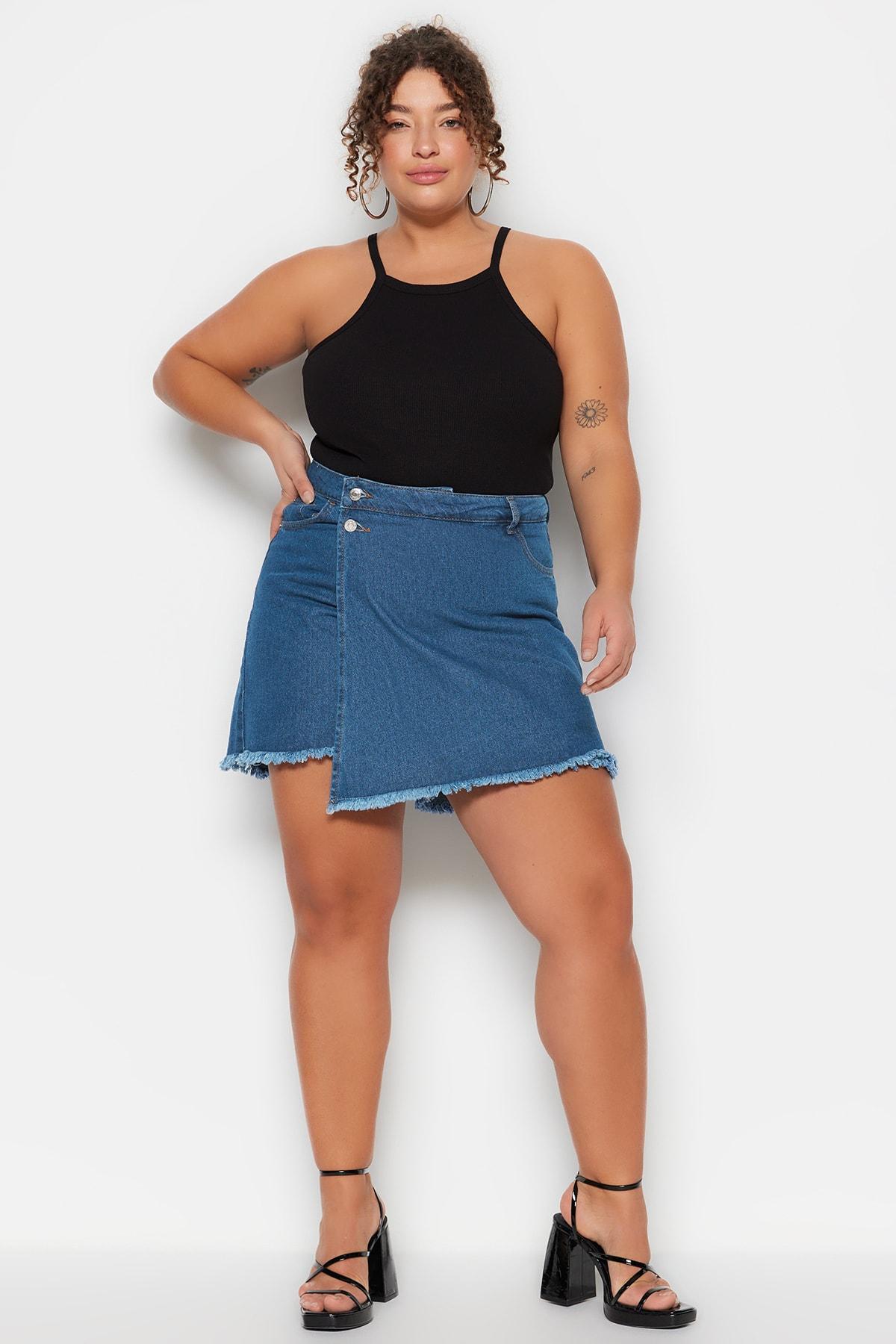 

Women s Style Plus Size Light Blue High Waist Hemline Tasseled Short Skirt 2XL