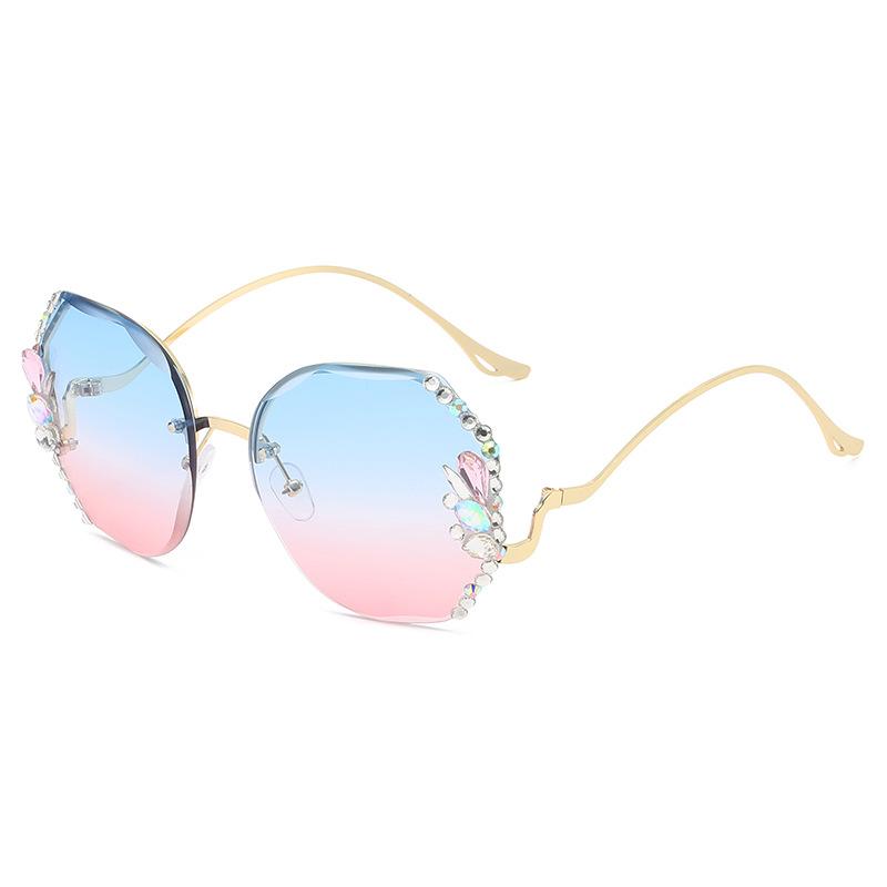Fashionable Diamond-inlaid Frameless Edge Cut Sunglasses for Women's Trendy UV Slimming Sunglasses