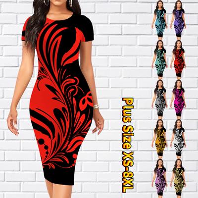 Abito slim al ginocchio a maniche corte. Abito midi da donna con stampa di pittura ad albero 3D