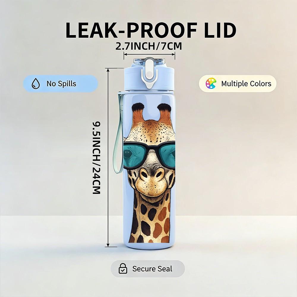 1PC Cool Sunglasses Giraffe Animal Pattern 750ml Color Plastic Sports Water Bottle Leakproof Flip Straw Lid Suitable for Sports Office Home Use