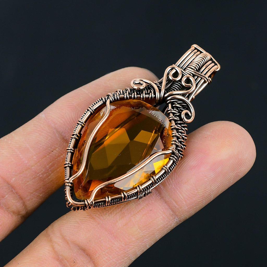 Handmade Copper Wire Wrapped Citrine Pendant Unique Teardrop Gemstone  Pendant Jewelry for Women, Artisan Boho Style Gift for Her