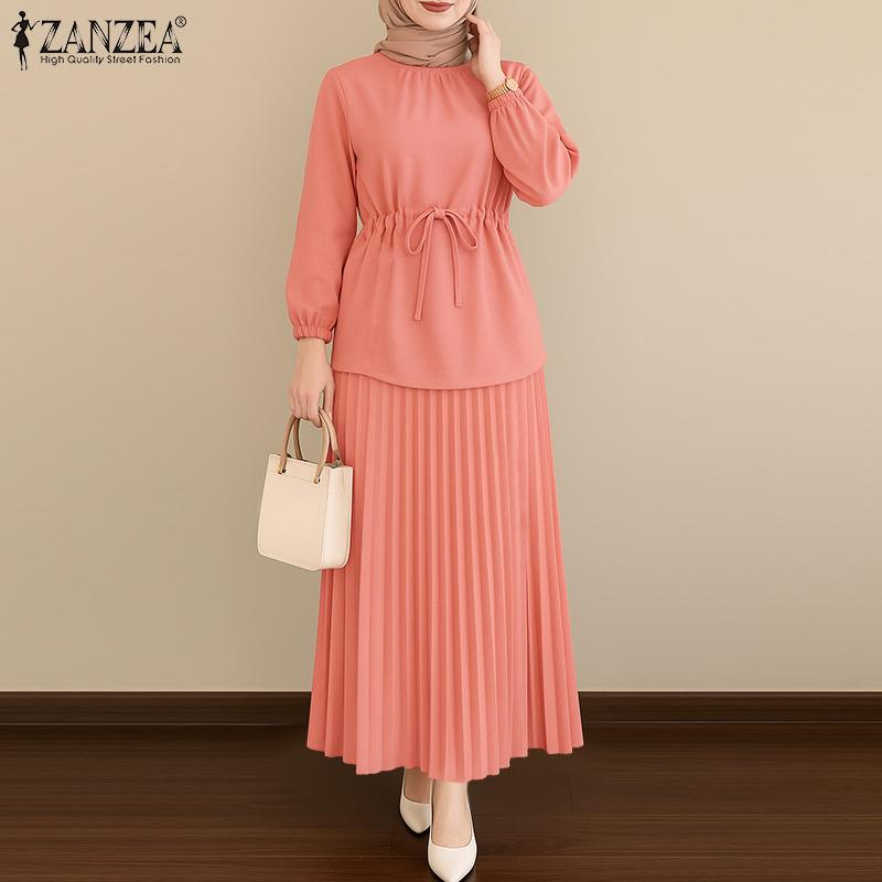 ZANZEA Women Long Sleeve Blouse and Long Skirts Muslim Two Piece Suit Sets