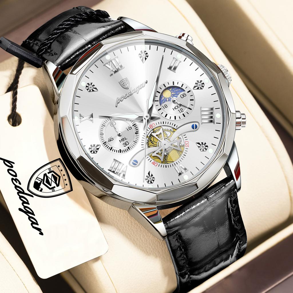 POEDAGAR Luxury Men Clock Waterproof Luminous Chronograph Leather Fashion Man Wristwatch High Quality Quartz Men's Watches Reloj