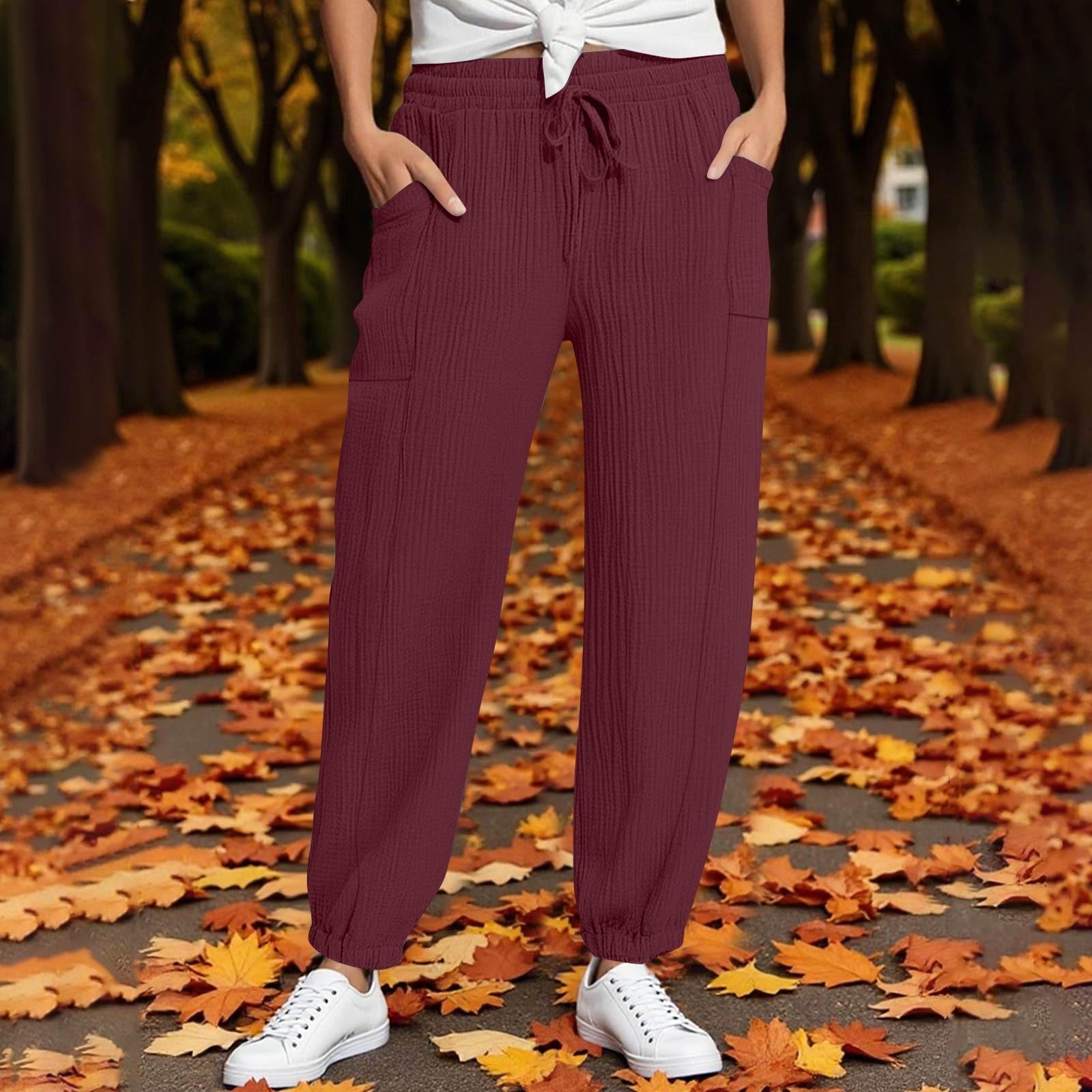 

Женские брюки Модные повседневные брюки Однотонные брюки на кулиске с высокой талией и карманами XXL винный