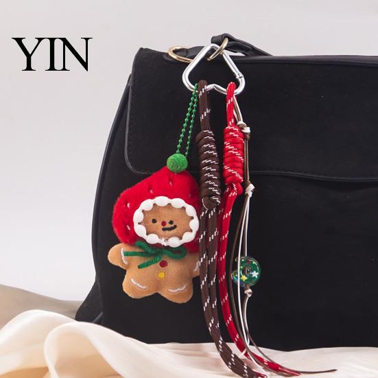 Knitted Holiday Embellishments Christmas Santa Claus Bag Charm, Crochet Keychain Pendant with Key Accessories Faux Leather Star, Xmas Hanging