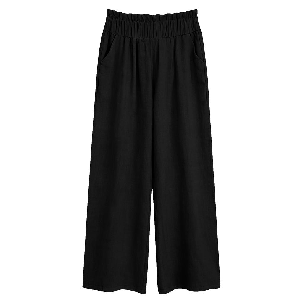Linen Casual Wide Leg Pants For Women Elastic Waist Versatile Business Casual Work Palazzo Trousers With Pockets